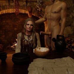 1boy 1girls 3d bowl bowl_of_cum ciri clothed_female_nude_male cum cum_in_bowl cum_on_body cum_on_clothes erection female levius_nsfw light-skinned_female light-skinned_male male penis the_witcher_(netflix) the_witcher_(series) white_hair