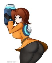 1girls alternate_breast_size arm_cannon ass belt big_breasts black_gloves blush boobs_and_butt_pose breasts brown_hair busty dodo-bot female female_focus female_only gloves huge_ass huge_breasts large_breasts looking_at_viewer looking_back looking_back_at_viewer medium_hair mii mii_gunner mii_gunner_(smash_4) mob_face nintendo peace_sign solo solo_female solo_focus super_smash_bros. white_background wide_hips