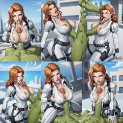 ai_generated big_ass big_breasts big_penis black_widow_(marvel) civitai collage cum cumshot green_penis green_skin huge_cock hulk kneeling large_ass marvel marvel_rivals multiple_views muscular muscular_male orange_hair paizuri titjob white_bodysuit