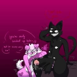 artist_name artist_signature black_fur cat_ears cat_tail cock demon eyes femboy furry gay glasses huge_cock leaking_precum male male_only milo_m.h oc original original_character original_characters pink_fur speech_bubble text thighs throbbing_penis