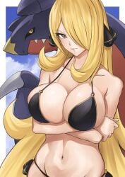 1girls absurdres arms_under_breasts bikini black_bikini blonde_hair border breasts cleavage closed_mouth collarbone cynthia_(pokemon) female garchomp grey_eyes hair_over_one_eye highres large_breasts long_hair looking_at_viewer mihiro_(mitumitu3232ish) navel nintendo pokemon pokemon_(creature) pokemon_dppt stomach swimsuit upper_body very_long_hair white_border