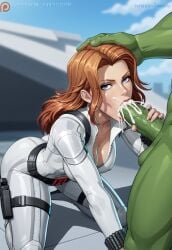 ai_generated big_ass big_breasts big_penis black_widow_(marvel) blowjob civitai cum green_penis green_skin huge_cock hulk kneeling large_ass marvel marvel_rivals muscular muscular_male orange_hair white_bodysuit