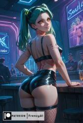 ai_generated alcohol artificial_eye ass ass_focus bar bar_stool bare_shoulders big_ass black_bra black_shorts bra breasts closed_mouth cocktail_glass cup cyberpunk:_edgerunners cyborg drinking_glass female fishnets frenzyai from_behind green_eyes green_hair headgear indoors leg_tattoo lips long_hair looking_at_viewer looking_back mechanical_eye multiple_boys neck_tattoo patreon_username rebecca_(edgerunners) round_ass short_shorts shorts skindentation small_breasts smile solo_focus standing table tattoo thighhighs thighs twintails underwear