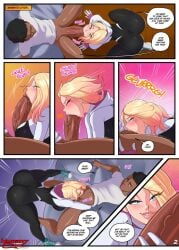 1boy ass blonde_hair couple dark-skinned_male dark_skin english_text erection fellatio female gwen_stacy highres huge_ass interracial large_penis marvel miles_morales oral parvad92 penis spider-gwen spider-man_(miles_morales) spider-man_(series) spider-verse straight