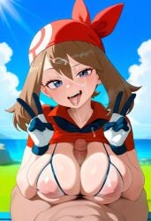 1boy 1girl ai_generated bandana bikini blue_eyes blue_sky brown_hair collarbone cum cum_on_tongue deep_skin facial gloves grass head_tilt large_breasts looking_at_viewer may_(pokemon) may_(pokemon_rs) nipples_visible_through_clothing outdoors paizuri paizuri_on_lap peace_sign penis pokemon pov red_shirt skindentation smile stable_diffusion translucent_clothing uneven_eyes upper_body