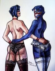 2girls blue_body countryhumans countryhumans_girl garter_belt garter_straps ifa_lilia_(artist) lingerie topless topless_female united_kingdom_(countryhumans) united_nations_(countryhumans) united_states_of_america_(countryhumans) white_body