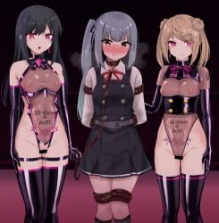 3girls asashio_(kancolle) bar_censor black_gloves black_hair black_leotard black_ribbon black_thighhighs breasts brown_eyes brown_hair censored commentary_request corruption covered_navel crotchless crotchless_leotard double_bun dress earrings elbow_gloves gloves grey_hair hair_bun hair_ribbon jewelry kantai_collection kasumi_(kancolle) kasumi_kai_ni_(kancolle) leotard long_hair long_sleeves medium_breasts michishio_(kancolle) multiple_girls pinafore_dress purple_eyes pussy ribbon sasakura_(calicchio) shirt short_twintails side_ponytail sidelocks sleeveless sleeveless_dress standing thighhighs twintails very_long_hair white_shirt