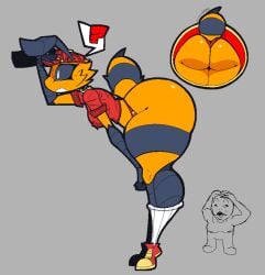 1girls ? abdomen anthro ass bee bending_over black_eyes crop_top delivery_employee female huge_ass insects jslutty_reaction pizza_bee_(xexeezy) red_hat red_shirt simple_background sneakers stinger thick_thighs white_socks xexeezy yellow_body