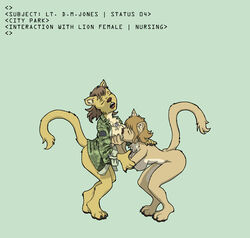 2girls areola breastfeeding breasts clothing curvy erect_nipples feline female flexible_survival furry lactation large_breasts lion lioness multiple_girls nipples nude sequence transformation yuri