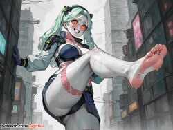 ai_generated barefoot blush cyberpunk_2077 feet foot_fetish foot_focus gigatsu green_hair one_leg_up panties rebecca_(edgerunners) seductive seductive_eyes smile sole_female soles toes