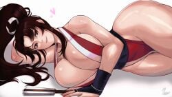 1girls big_breasts breasts brown_eyes brown_hair cleavage fatal_fury female female_only folding_fan hair heart hips huge_breasts king_of_fighters mai_shiranui noxcuro on_side ponytail revealing_clothes skimpy skimpy_clothes solo solo_female thighs wide_hips