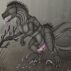 2014 anal anthro barbs biped blue_eyes claws cum cumshot detailed_background dinosaur erection feral forest furry furry_only gay male male_only nude open open_mouth orgasm outside penis raptor reptile saliva scalie spikes standing tail_sex teeth tongue tongue_out tree wemd