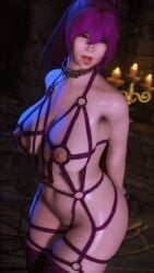 arms_behind_back collar leash lingerie mod modded nipples oiled original_character pink_hair skyrim the_elder_scrolls tongue tongue_out