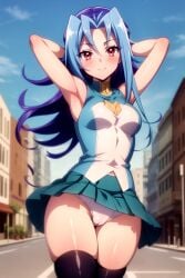 ai_generated arms_up blue_hair blush female kamishiro_rio legwear long_hair looking_at_viewer maru^^ panties pose red_eyes rio_kamishiro school_uniform skirt_up smile solo thick_thighs underwear yu-gi-oh! yu-gi-oh!_zexal