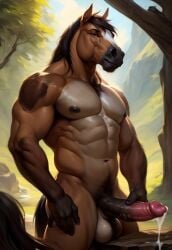 ai_generated balls ballsack cum cum_drip erect_penis erection horse multicolored_body muscles muscular muscular_anthro muscular_male naked naked_male nude nude_anthro nude_male solo solo_anthro solo_male