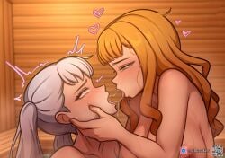 ai_generated big_breasts black_clover breasts cousins green_eyes hi_res huge_breasts incest kissing large_breasts mimosa_vermillion noelle_silva orange_hair purple_eyes royalty saliva semidraws silver_hair tongue_out twintails yuri