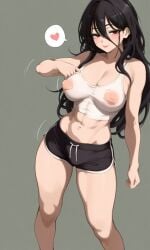 ai_generated black_hair breasts female large_breasts long_hair messy_hair mommy_kink niamy oc okina_mitsuri original_character red_eyes seductive_look smug_smile taller_girl thick_thighs wide_hips
