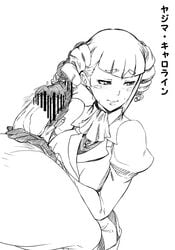 1boy akisu_karasu blush breasts censored cravat drill_hair female gloves gundam gundam_build_fighters handjob long_sleeves monochrome penis puffy_sleeves short_hair solo_focus straight yajima_caroline