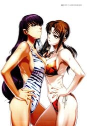 2girls bikini black_lagoon breast_contest fat_breasts flat_belly gun large_breasts mature_female official_art revy roberta swimsuit symmetrical_docking