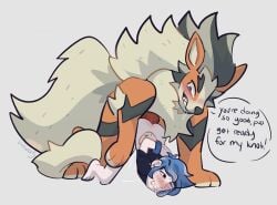 2024 arcanine big_dom_small_sub bloowolfy blue_hair canid canine dialogue dominant dominant_male duo english_text feral feral_penetrating feral_penetrating_human generation_1_pokemon grin hair hi_res human human_on_feral human_penetrated interspecies male male/male male_penetrated male_penetrating male_penetrating_male mammal nintendo penetration pokemon pokemon_(species) pokephilia sex size_difference smile submissive submissive_male talking_feral text zoophilia