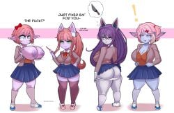 4girls breast_expansion cosplay dialogue doki_doki_literature_club female female_only huge_breasts league_of_legends lulu_the_fae_sorceress nerftheyordles poppy revealing_clothes text transformation tristana vex_(league_of_legends) voluptuous yordle