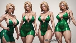 1lifepoint abs ai_generated blonde_hair brown_eyes cleavage dress highres huge_breasts looking_at_viewer mature_female milf naruto naruto_(series) pantyless short_dress slit_dress tight_clothing tsunade wallpaper