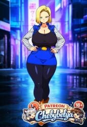 1girl absurdres ai_assisted ai_generated anime anime_style attractive beautiful beautiful_eyes beautiful_lighting best_quality blonde_hair blue_eyes breasts chebybelya cinematic_lighting curvy cute deep_skin denim_jacket detailed detailed_face detailed_skin digital_art earrings hands_on_hips high_quality high_resolution highres jewelry large_breasts looking_at_viewer masterpiece pantyhose patreon patreon_username perfect_body sexy sharp_focus shirt short_hair signature skirt slim_waist smile soft_lighting soft_shading solo stylized thick_thighs toned very_aesthetic vibrant_colors watermark wide_hips