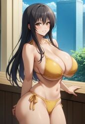 1girls ai_generated big_breasts bikini black_hair breasts female female_focus huge_breasts kotegawa_yui large_breasts long_hair navel smiling smiling_at_viewer thick_thighs thighs to_love-ru yellow_eyes