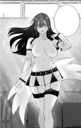 2.5_jigen_no_ririsa abe_marina adjusting_hair angel_wings armpit_crease bare_belly bare_shoulders belly_button black_and_white black_hair blush breasts collarbone cosplay detached_sleeves garter_straps groin hashimoto_yuu huge_breasts indoors liliel_(cosplay) long_hair manga nipples no_bra official_art open_mouth skirt standing thick_thighs thighhighs thighs topless zettai_ryouiki