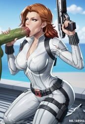 ai_generated big_ass big_breasts big_penis black_widow_(marvel) blowjob civitai green_penis green_skin huge_cock hulk kneeling large_ass marvel marvel_rivals muscular muscular_male orange_hair pistol white_bodysuit