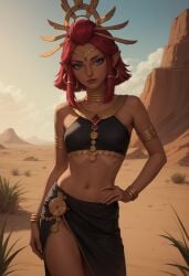 ai_generated angel_light_(artist) dark-skinned_female dark_skin gerudo midriff red_hair riju the_legend_of_zelda the_legend_of_zelda:_tears_of_the_kingdom