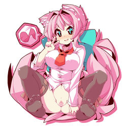 animal_ears blush bottomless bow breasts censored crazy_developers eyebrows green_eyes hairbow highres large_breasts long_hair musical_note navel necktie original pink_hair pussy pussy_juice sitting souffle_gamberetto tail thighhighs v very_long_hair