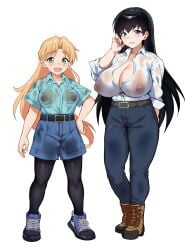 2girls arato_nagi belt black_legwear black_pantyhose blonde_hair blue_eyes blue_footwear brown_footwear cleavage ear_piercing eyebrows_visible_through_hair female female_focus female_only full_body green_eyes jeans jirusu large_breasts light_blue_shirt looking_at_viewer nipples nipples_visible_through_clothing no_bra open_mouth pantyhose portrait ruri_no_houseki ruri_rocks see-through see-through_clothing shirt shirt_pocket shoes shorts simple_background smile standing tanigawa_ruri very_high_resolution very_long_hair wet wet_shirt white_background white_shirt