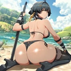 ai_generated ass ass_focus black_hair boots female_rover_(wuthering_waves) outside rover_(wuthering_waves) stockings sword wuthering_waves yellow_eyes