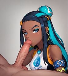 1boy 1girls ai_generated dark-skinned_female fellatio female interracial looking_at_viewer nessa_(pokemon) pokemon pokemon_ss stable_diffusion