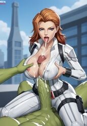 ai_generated big_ass big_breasts big_penis black_widow_(marvel) civitai cum cumshot green_penis green_skin huge_cock hulk kneeling large_ass marvel marvel_rivals muscular muscular_male orange_hair paizuri titjob white_bodysuit