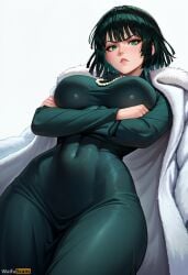 ai_generated arms_under_breasts artist_name bangs black_hair breasts coat covered_navel crossed_arms dress female from_below fubuki_(one-punch_man) fur_coat green_dress green_eyes high_resolution highres jewelry large_breasts lips long_sleeves looking_at_viewer looking_down necklace one-punch_man parted_lips pearl_necklace short_hair simple_background solo stable_diffusion thick_thighs thighs waifuscans418 white_background wide_hips