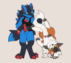 2024 animal_genitalia animal_penis anthro bloowolfy breasts canid canine canine_genitalia canine_penis duo dusk_lycanroc erection feral generation_4_pokemon generation_7_pokemon genitals gynomorph hi_res intersex knot lucario lycanroc male mammal nintendo penis pokemon pokemon_(species) tail tail_grab upside-down