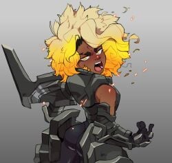 angry dark-skinned_female female golden_hair rell_(league_of_legends) waist_up