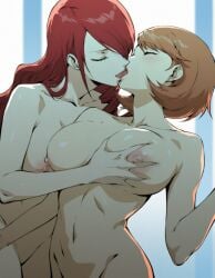 2girls ai_generated breast_grab breasts brown_hair closed_eyes completely_nude female female_only french_kiss goonedoutp3rv groping groping_breasts kissing large_breasts long_hair mitsuru_kirijo nipples nude nude_female persona persona_3 persona_3_reload red_eyes short_hair tongue yukari_takeba yuri