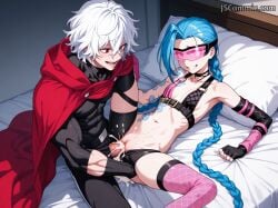 1boy 1girls ai_generated blue_hair crossover cum cum_in_pussy female hypnosis hypnotic_visor jinx_(league_of_legends) male male/female muscular muscular_male my_hero_academia penis_in_pussy sex shigaraki_tomura straight tomura_shigaraki vaginal_penetration white_hair