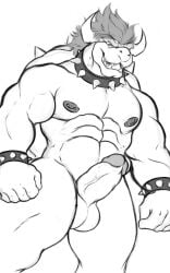 abs accessory anthro balls biceps big_muscles big_penis bowser collar erection eyebrows genitals gerosandias081 hair hi_res huge_cock huge_muscles koopa looking_back male mario_bros muscular muscular_male nintendo nude penis reptile scalie solo spiked_collar spikes teeth turtle