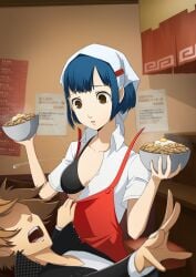 1boy 1girl aika_nakamura apron assisted_exposure atlus beef_bowl black_bra blue_hair bowl bra breasts brown_eyes brown_hair buttons buttons_popping cleavage clothing commission commissioner_upload concerned egg faceless_male falling female food hanamura_yousuke head_scarf headwear holding male medium_breasts megami_tensei open_clothes open_mouth open_shirt persona persona_4 persona_4_the_animation ryusentzumi school_uniform shirt short_hair teenage_boy teenage_girl teenager underwear uniform waitress