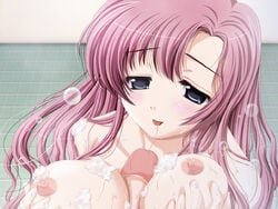 ayane_(shimai_don) black_eyes blush breasts cum female game_cg katsura_tomoe large_breasts long_hair male nipples paizuri penis pink_hair shimai_don~shirudaku_de~ straight uncensored