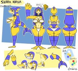 after_transformation animal_crossing ankha ankha_(animal_crossing) big_ass big_breasts bikini bikini_bottom bikini_top blue_eyes blue_hair chabble claws flippers huge_ass huge_breasts long_hair post-transformation reference_sheet shark shark_fin shark_girl shark_tail sharp_teeth transformation yellow_body