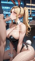 ai_generated blonde_hair blowjob blush breasts bunny_ears bunny_tail corset cum cum_in_mouth fellatio fishnets kneeling seduced_com sideboob