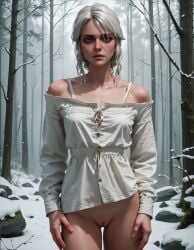 ai_generated cd_projekt_red ciri female forest green_eyes light-skinned_female looking_at_viewer mascara outdoors pussy scar snow solo tempick the_witcher_(series) the_witcher_3:_wild_hunt white_hair