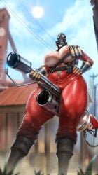 big_breasts faceless_female fempyro gas_mask hand_on_hip jojobanks latex looking_at_viewer looking_down masked masked_female muscular muscular_female muscular_thighs public public_exposure public_nudity pyro_(team_fortress_2) rule_63 self_upload skin_tight solo solo_female sweat sweating team_fortress_2 thick thick_thighs valve weapon