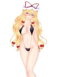 1girls big_breasts bikini blonde_hair bow hat kitty_(3kittie9) purple_eyes touhou yukari's_gap_bikini_(meme) yukari_yakumo