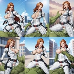 ai_generated big_ass big_breasts big_penis black_widow_(marvel) breasts_out civitai collage cowgirl_position cum green_penis green_skin huge_cock hulk kneeling large_ass marvel marvel_rivals multiple_views muscular muscular_male nipple_slip nipples orange_hair sex vaginal_sex white_bodysuit